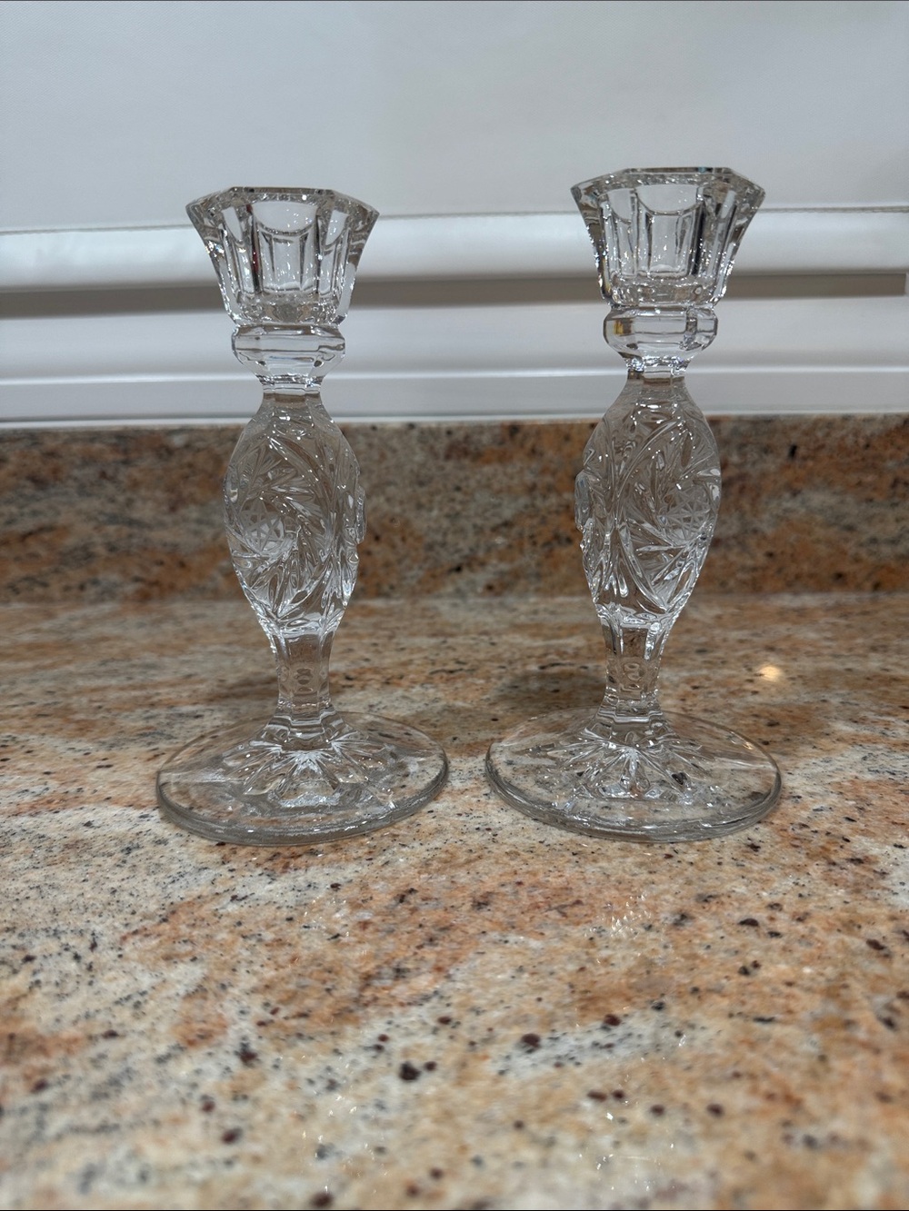 (2) 6.5 inch Elegant Clear Crystal Cut Candlestick Pair